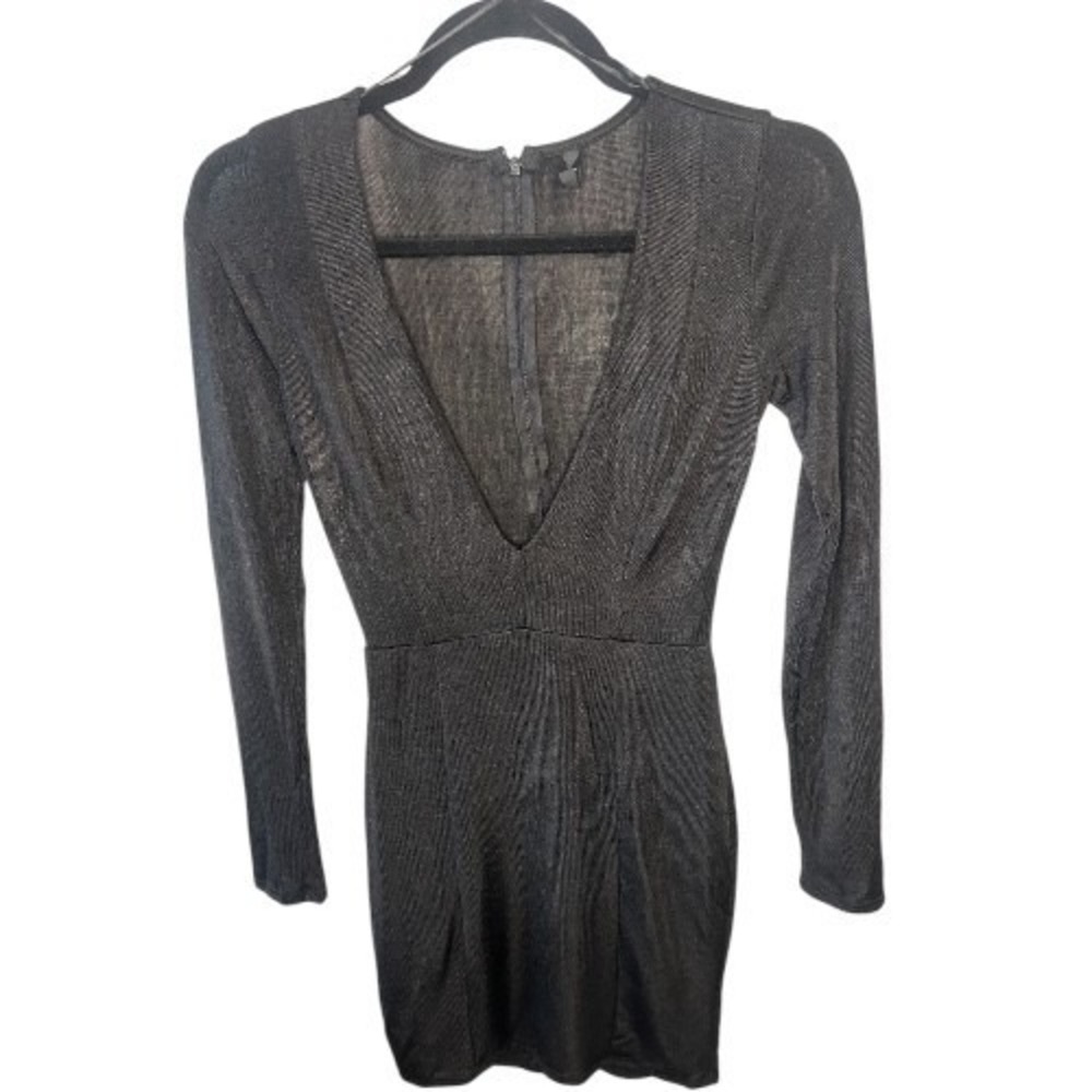 Blanc Metallic Black Deep V Long Sleeve Mini Dress Women's Small Party